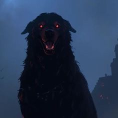 a large black dog with glowing eyes standing in front of a clock tower at night