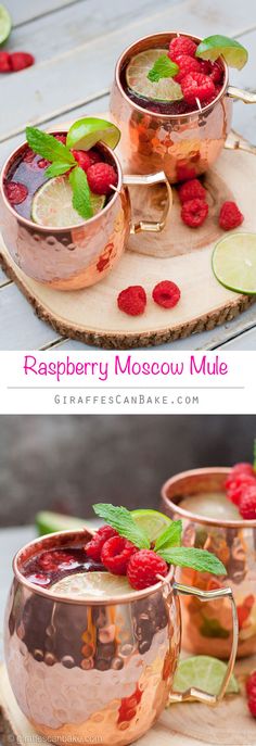 raspberry moscow mules with mint and lime garnishes on top