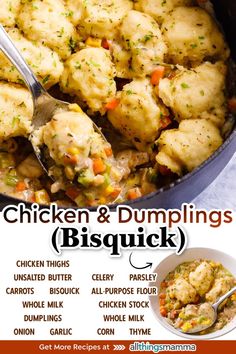 chicken and dumplings in a skillet with a spoon on the side that says, chicken and dumplings bisquick