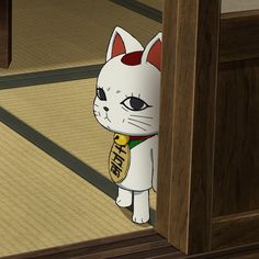 a cartoon cat is standing in front of a door and looking at the viewer from behind