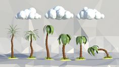 several palm trees are shown with clouds in the sky above them and on top of each other