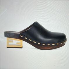 Fendi Baguette Clogs, 100% Lamb Leather, Heels 2.4 Inches, Made In Italy, Size 37, Brand New, No Box Or Dust Bag. Luxury Leather Clogs With Wooden Heel, Designer Leather Clogs With Wooden Heel, Luxury Mules With Wooden Heel And Round Toe, Designer Mules With Wooden Heel And Round Toe, Cutout Heels, Mid Heel Shoes, Vintage Fendi, Heel Mules, Fendi Baguette