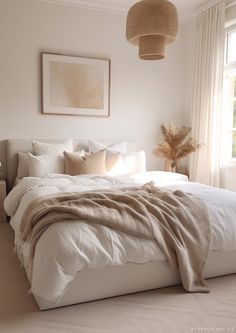 a large bed sitting in a bedroom next to a window with a blanket on top of it