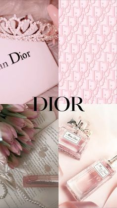 pink flowers and perfume bottles with the words dior on them