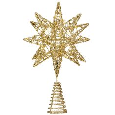 a gold christmas tree topper with an intricate star design on it's side