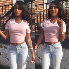 two pictures of a woman in pink shirt and jeans with her hand on her hip