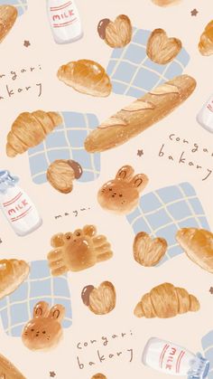 an illustration of bread and milk on a tablecloth with teddy bears in the background