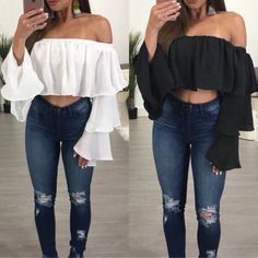 Black Cropped Blouse Featuring Ruffled Sleeves. Color Is Black. Black Off-shoulder Blouse With Ruffles, Trendy Black Ruffled Blouse, Trendy Black Blouse With Ruffles, Loose Crop Top, Fashion Blouses, Cropped Blouse, Casual Long Sleeve Shirts, Ruffle Long Sleeve, Shoulder Tops