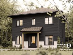 a black house with white trim and windows