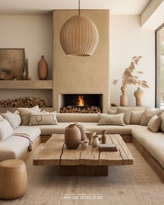 a living room filled with furniture and a fire place in front of a large window