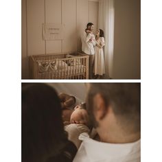 two pictures of a baby in a crib and an adult standing next to it