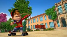 a cartoon character riding a skateboard with an arrow in his hand