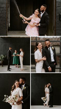 the bride and groom are posing for pictures together