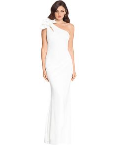 XSCAPE Long Scuba Ruched One-Shoulder Flower | Zappos.com Dress With Ruching, Maxi Gown, White Gowns, Flower Dress, White Maxi, Ivory Color, Flower Dresses, Fancy Dresses, Sheath Wedding Dress