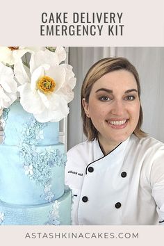 a woman standing in front of a cake with flowers on it and the words cake delivery emergency kit above her