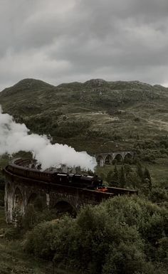 a steam train traveling over a bridge on top of a lush green hillside under a cloudy sky