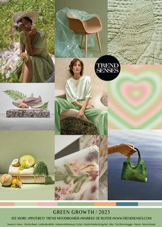 a collage of photos with green and pink colors