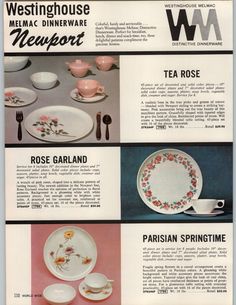 an advertisement for the westinghouse dinnerware newport, rose garland and tea rose