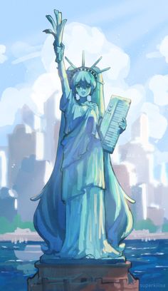 the statue of liberty is holding a sheet of paper in her hands and reading it