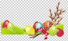 an easter card with eggs and flowers in the grass, on a transparent background png clip