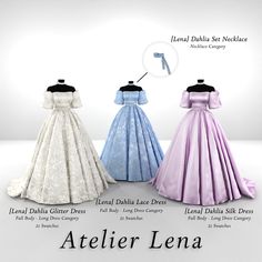 three dresses are shown in different colors