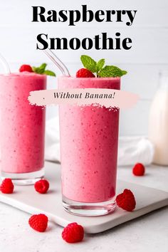 In the picture you can see a vibrant, creamy raspberry smoothie. This smoothie recipe is super quick and easy to make. This smoothie is made with greek yoghurt and coconut milk which gives it, its creaminess and there are no bananas in the recipe. Smoothie Without Milk, Smoothie Without Banana, Smoothie Without Yogurt, Raspberry Drink