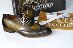 Buy TucciPolo Mens Handmade Wingtip Oxford Style Brogues Green Luxury Shoe with leather wrapped laces. A special model characterized by two-colour for an elegant style . Finished with leather sole. Shop now Green hand-painted leather upper Bordeaux burnished leather sole Wingtip oxford style brogues Leather wrapped laces This is a made-to-order product. Each pair will be made upon receipt of order and shipped in approximately 15 days. Because our shoes are hand-painted and couture-level creation Green Luxury, Oxford Brogues, Oxford Style, Wingtip Oxford, Mens Luxury, Leather Wraps, Shoe Game, Shoes Men, Luxury Shoes