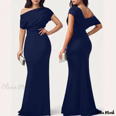 Olivia Mark - Sophisticated Off-Shoulder Dress with Subtle Pleats on the Bodice Blue Off Shoulder Maxi Dress For Party, Blue Fitted Off Shoulder Maxi Dress, Elegant Blue One Shoulder Off Shoulder Dress, Elegant Blue Off Shoulder Formal Dress, Elegant Blue Off-shoulder Dress For Evening, Elegant Blue Off-shoulder Formal Dress, Formal Blue One-shoulder Maxi Dress, Formal Blue One Shoulder Maxi Dress, Blue One-shoulder Maxi Dress For Formal Occasions