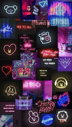 various neon signs are shown in different colors