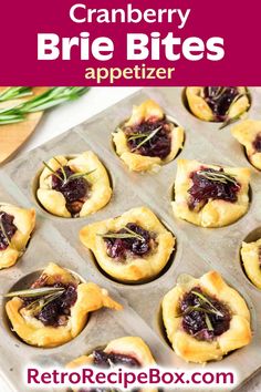 cranberry brie bites appetizer in a baking pan with text overlay