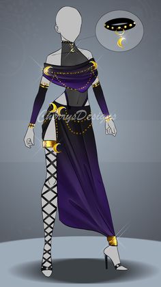 an illustration of a woman in a purple and black dress with gold trimmings