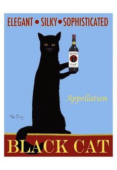 a black cat holding a bottle of liquor in it's right hand and the caption says, elegant silky sophisticatedized appellation