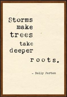 a quote that reads, storms make trees take deeper roots