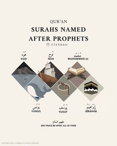 an advertisement for the qurans named after prophets, with pictures of different items