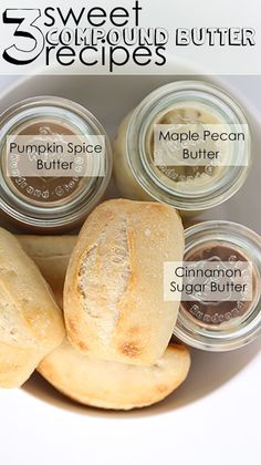 five different types of sugar butters in a white bowl with the words 5 sweet pumpkin butter recipes