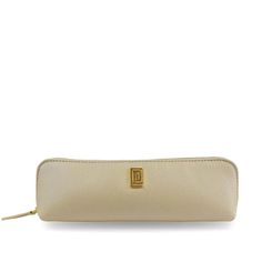 a long white purse with a gold logo on the front and side, it has a zipper