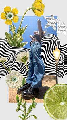 a man sitting on top of a green lime next to flowers and a zebra striped wall