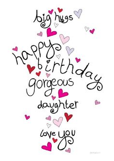 the words happy birthday are written in black and pink on a white background with hearts