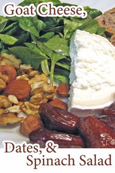 goat cheese, dates, and spinach salad on a white plate with the words goat cheese date & spinach salad