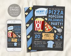 two personalized birthday party cards with popcorn, pizza and movie tickets on them next to an iphone