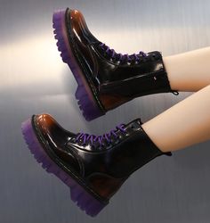 Green And Purple Outfit, Purple Ankle Boots, Purple Goth, Leather Platform Boots, Purple Gothic, Autumn Shoes, Platform Boots Women, Purple Flame, Purple Boots