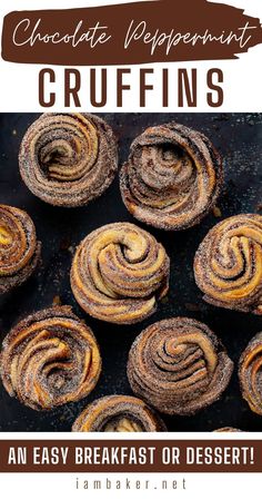 Chocolate Peppermint Cruffins on a dark surface.