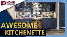 a kitchen with gray cabinets and tile backsplashes, an awesome kitchette