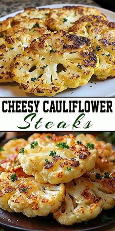 there are two pictures of cheesey cauliflower steaks on the same plate