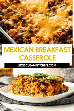 mexican breakfast casserole on a plate with text overlay