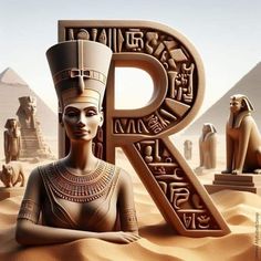 the letter r is made up of egyptian symbols and an image of queen nefere