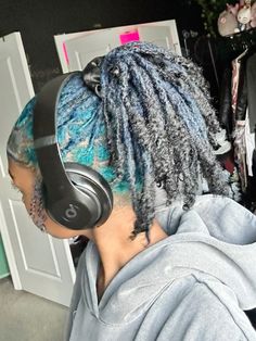 Loc Hair Color Ideas Brown Skin, Half Red Half Black Locs, Black And Blue Locs, Half Up Half Down Locs, Blue Locs Black Women, Colored Locs Black Women, Two Tone Locs, Locs Dyed, Blue Locs