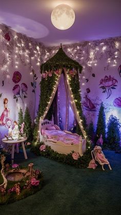 a bedroom decorated in pink and green with fairy decorations on the walls, lights strung from the ceiling