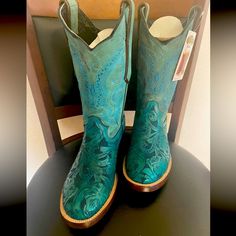 Tooled Leather Cowgirl Boots Round Toe Brand New Great Condition Super Comfy . Never Used Blue Patina Boots With Round Toe, Blue Round Toe Boots With Patina, Blue Patina Round Toe Boots, Turquoise Leather Western Boots, Turquoise Leather Boots With Round Toe, Corral Cowgirl Boots, Leather Cowgirl Boots, Country Concert, Country Concerts