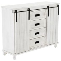 a white cabinet with four drawers and two black handles